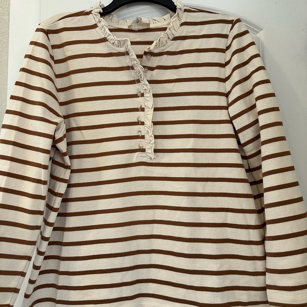 Sezane Cream and Brown Striped Ruffle Henley Top- excellent condition.